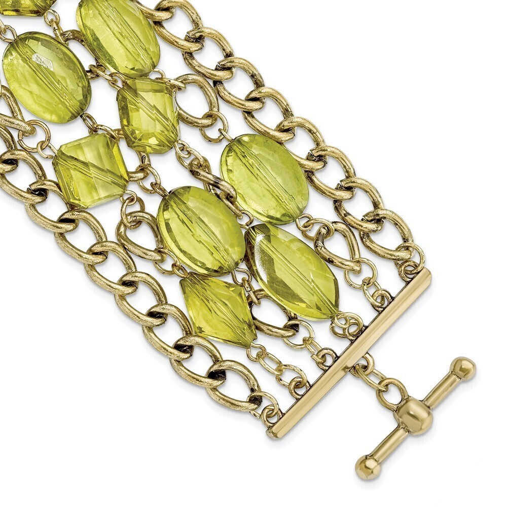 Brass-tone Link, Olive Green Faceted Acrylic Beads Six Row Toggle Bracelet
